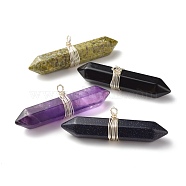Natural & Synthetic Mixed Stone Double Terminated Pointed Pendants, with Copper Wire Wrapped, Faceted, Bullet, Silver, 18x53.5x11mm, Hole: 3mm(PALLOY-JF01245-02)
