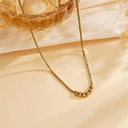 304 Stainless Steel Cable Chain Round Beads Pendant Necklaces for Women, Golden, 17.91 inch(45.5cm)(NJEW-Z047-02G)