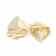 Clear Cubic Zirconia Sailboat Brooch Pin, Brass Badge for Backpack Clothes, Real 18K Gold Plated, 24.5x21x7mm, Hole: 1.4mm(JEWB-M025-05G)