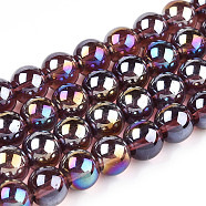 Electroplate Transparent Glass Beads Strands, AB Color Plated, Round, Coconut Brown, 8~8.5mm, Hole: 1.5mm, about 51~53pcs/strand, 14.96 inch~15.55 inch(38~39.7cm)(GLAA-T032-T8mm-AB19)