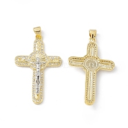 Rack Plating Eco-friendly Brass Pendants, Micro Pave Clear Cubic Zirconia, Long-Lasting Plated, Lead Free & Cadmium Free, Religion Crucifix Cross Charm, Real 18K Gold Plated & Real Platinum Plated, 37x23x4.5mm, Hole: 4x3mm(KK-B065-09P)