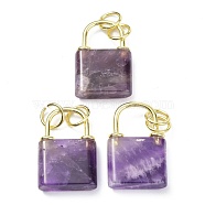 Natural Amethyst Pendants, with Golden Brass Findings and Jump Rings, Cadmium Free & Lead Free, Lock, 27x18x5.5mm, Hole: 6mm(G-P453-01G-A-RS)