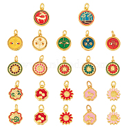 Elite 22Pcs 11 Style Rack Plating Alloy Enamel Pendants, with Jump Ring, Flower Charms, Matte Gold Color, Mixed Shapes, Mixed Color, 14~16x11.5~13x1.8~3.5mm, Hole: 3~4mm, 2pcs/style(ENAM-PH0002-44)