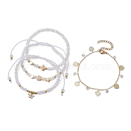 4Pcs 4 Style Glass & Brass Moon & Star Braided Bead Bracelets Set, Heart Charms Stackable Bracelets, Golden, Inner Diameter: 2-1/4~3-3/8 inch(5.6~8.6cm), 1Pc/style(BJEW-JB09640)