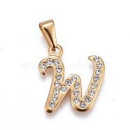 304 Stainless Steel Pendants, with Rhinestone, Letter, Letter.W, 20.5x19x2mm, Hole: 3~3.5x7.5~8mm(STAS-F202-16G-W)