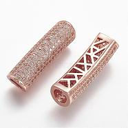 Brass Micro Pave Cubic Zirconia Tube Beads, Tube, Large Hole Beads, Hollow, Clear, Rose Gold, 30x8.5x8mm, Hole: 5mm(ZIRC-N025-58RG)