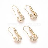 Brass Micro Pave Cubic Zirconia Dangle Earrings, Long-Lasting Plated, Safety Pin Shape, Clear, Golden, 27x10.5x4mm, Pin: 0.7mm(X-ZIRC-D118-02G)
