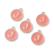 (Defective Closeout Sale Border damaged) Golden Plated Alloy Enamel Charms, Cadmium Free & Lead Free, Enamelled Sequins, Flat Round with Letter, Letter.J, 14x12x2mm, Hole: 1.3mm(ENAM-XCP0001-20J)