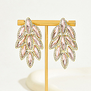 Real 18K Gold Plated Stainless Steel Stud Earrings, Glass Rhinestone Leaf Earrings for Women, Pink, 55x30mm(CS0500-1)
