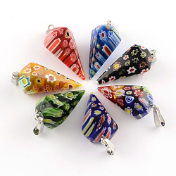 Cone Handmade Millefiori Glass Pendants, with Platinum Plated Iron Findings, Mixed Color, 39~40x17x17mm, Hole: 10x4mm(LK-R010-M1)