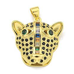 Brass Micro Pave Cubic Zirconia Pendants, Real 18K Gold Plated Leopard Head Charms, Black, 22x22x7mm, Hole: 4.5x3mm(KK-K354-18G-02)