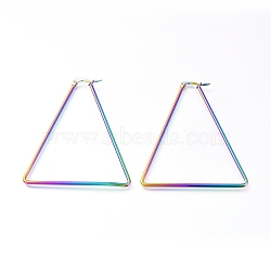 201 Stainless Steel Angular Hoop Earrings, with 304 Stainless Steel Pin, Hypoallergenic Earrings, Triangle, Rainbow Color, 66x58x2mm, 12 Gauge, Pin: 0.8mm(EJEW-A052-26F-M)