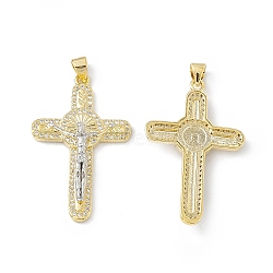Rack Plating Eco-friendly Brass Pendants, Micro Pave Clear Cubic Zirconia, Long-Lasting Plated, Lead Free & Cadmium Free, Religion Crucifix Cross Charm, Real 18K Gold Plated & Real Platinum Plated, 37x23x4.5mm, Hole: 4x3mm(KK-B065-09P)