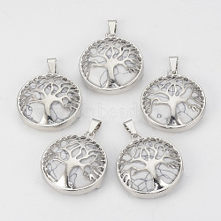 Natural Howlite Pendants, with Brass Findings, Flat Round with Tree of Life, Platinum, 30.5x27x8mm, Hole: 7x3mm(G-S292-10L-P)
