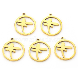 PVD Vacuum Plating 304 Stainless Steel Pendants, Laser Cut, Ring with Dragonfly, Real 18K Gold Plated, 17x15x1mm, Hole: 1.2mm(STAS-N092-40G)