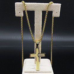 304 Stainless Steel Pendant Necklaces, Cross with Word Jesus, Golden, 23.82 inch(60.5cm)(NJEW-H015-06G)