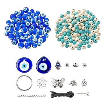 DIY Keychains Making Kits, Including Lampwork Evil Eye Pendants & Beads, Synthetic Magnesite & Brass Rhinestone Beads, Alloy Pendants & Beads, Alloy Enamel Pendants, Iron Bead Caps & Pins & End Chain & Jump Ring & Split Key Ring, Nylon Thread, Mixed Color, about 215pcs/set