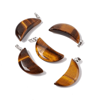 Natural Tiger Eye Pendants, with Platinum Tone Brass Findings, Moon Charm, 33x15x8mm, Hole: 6x3.2mm