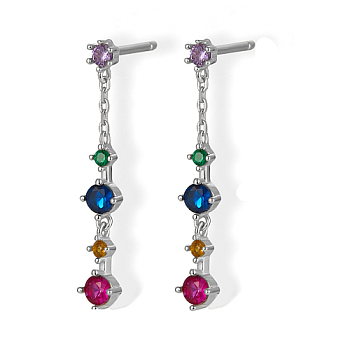 Rhodium Plated 925 Sterling Silver Stud Earrings, Colorful Cubic Zirconia Diamond Drop Earrings, with S925 Stamp, Platinum, 28x4.2mm