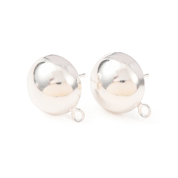 Brass Stud Earring Findings, Cadmium Free & Lead Free, Half Round, with Loop, 925 Sterling Silver Plated, 17x13.5mm, Hole: 1.8mm, Pin: 12x0.8mm