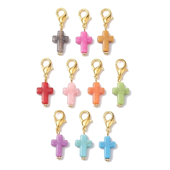 Acrylic Cross Pendant Decoration, Zinc Alloy Lobster Claw Clasps Charms, for Bag Ornaments, Mixed Color, 37mm