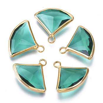 Transparent Glass Pendants, with Light Gold Plated Brass Findings, Faceted, Fan, Medium Turquoise, 16~17x19x6mm, Hole: 2mm
