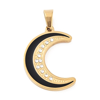 304 Stainless Steel Pendant, with Rhinestone and Enamel, Golden, Moon, 27x20x2.5mm, Hole: 6x4mm