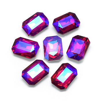 Pointed Back Glass Rhinestone Cabochons, Back Plated, Faceted, AB Color Plated, Rectangle Octagon, Red, 14x10x4.5mm
