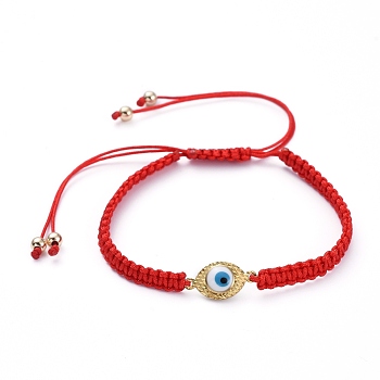Adjustable Braided Bead Bracelets, Red String Bracelets, with Nylon Cord, Golden Plated Brass Enamel Evil Eye Links Connectors & Beads, Red, Inner Diameter: 1-7/8 inch(4.8cm)
