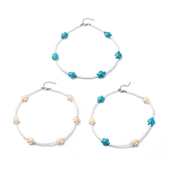 3Pcs 3 Color Dyed Synthetic Turquoise Tortoise & Acrylic Beaded Necklaces Set, Gemstone Stackable Necklaces for Women, Mixed Color, 15.94 inch(40.5cm), 1Pc/color