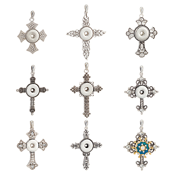8Pcs 8 Style Alloy Rhinestone Hang Snap Base Pendants, for Interchangeable Snap Charms Jewelry Making, Cross, Antique Silver & Platinum, 52~70x43~57.5x4~7mm, hole: 7x3~4mm, Inner Diameter: 5.5mm, 1Pc/style