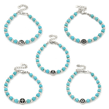 304 Stainless Steel & Synthetic Turquoise Round Beaded Bracelets for Women, Mixed Shapes, 7-3/8 inch(18.8cm)