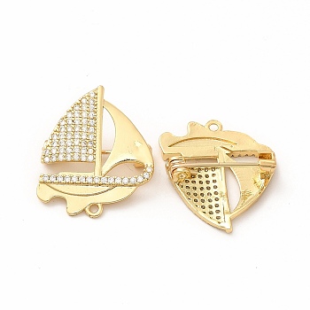 Clear Cubic Zirconia Sailboat Brooch Pin, Brass Badge for Backpack Clothes, Real 18K Gold Plated, 24.5x21x7mm, Hole: 1.4mm