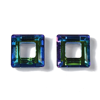 Transparent Electroplate Glass Pendant, Half Rainbow Plated, Faceted, Square, Dark Green, 14x14x5mm, Hole: 6.8mm