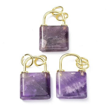 Natural Amethyst Pendants, with Golden Brass Findings and Jump Rings, Cadmium Free & Lead Free, Lock, 27x18x5.5mm, Hole: 6mm
