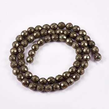 Natural Pyrite Round Beads Strands, Faceted, 6mm, Hole: 1mm, about 65pcs/strand, 15.74 inch