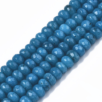 Faceted Rondelle Dyed Natural White Jade Bead Strands, Steel Blue, 8~9x5~6mm, Hole: 1mm, about 70pcs/strand, 14.5 inch