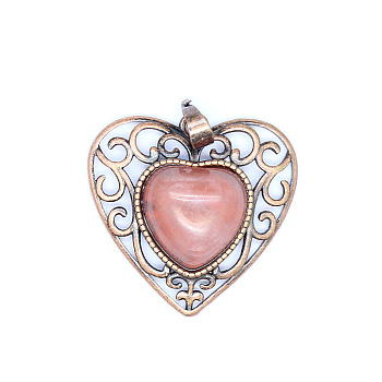 Retro Hollow Synthetic Cherry Quartz Glass Pendants, Heart Pendants, with Red Copper Metal Finding, 30x30x8mm