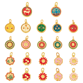 Elite 22Pcs 11 Style Rack Plating Alloy Enamel Pendants, with Jump Ring, Flower Charms, Matte Gold Color, Mixed Shapes, Mixed Color, 14~16x11.5~13x1.8~3.5mm, Hole: 3~4mm, 2pcs/style