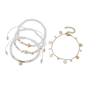4Pcs 4 Style Glass & Brass Moon & Star Braided Bead Bracelets Set, Heart Charms Stackable Bracelets, Golden, Inner Diameter: 2-1/4~3-3/8 inch(5.6~8.6cm), 1Pc/style