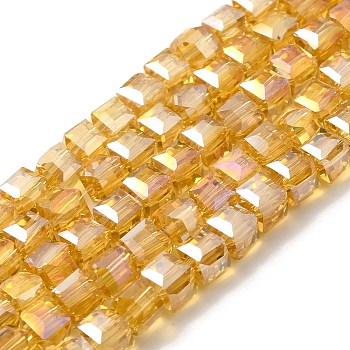 Electroplate Glass Beads Strands, AB Color Plated, Faceted, Cube, Goldenrod, 4x4x4mm, Hole: 1mm
