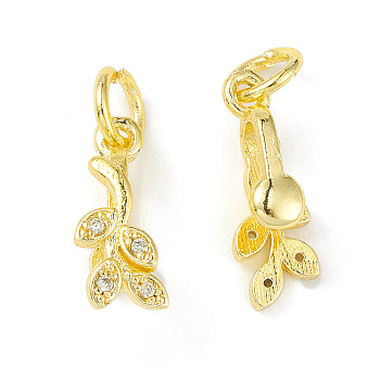 Rack Plating Brass Pave Cubic Zirconia Leaf Shape Ice Pick Pinch Bails, with Open Jump Rings, Cadmium Free & Lead Free, Long-Lasting Plated, Real 18K Gold Plated, 16.5x5.5x7mm, Hole: 4mm, Pin: 0.8mm