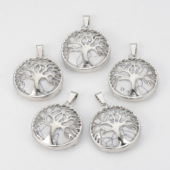 Natural Howlite Pendants, with Brass Findings, Flat Round with Tree of Life, Platinum, 30.5x27x8mm, Hole: 7x3mm