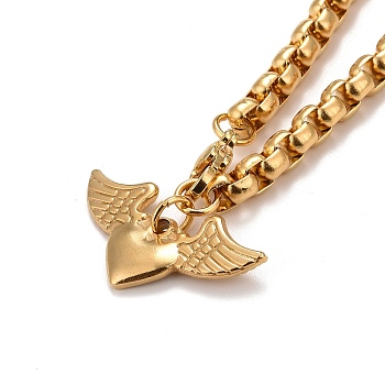 304 Stainless Steel Pendants Necklaces, with Box Chain Necklace, Heart & Wings, Golden, 45.5x0.5cm