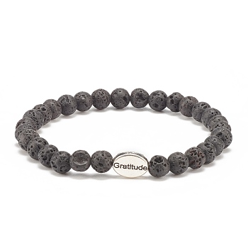 Natural Lava Rock Stretch Bracelet with Alloy Word Gratitude Beaded, Essential Oil Gemstone Jewelry for Women, Inner Diameter: 2-1/8 inch(5.3cm)