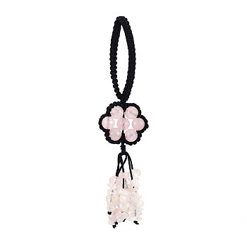 Flower Natural Rose Quartz Braided Thread Pendant Decorations, Gemstone Chip Tassel Hanging Ornaments, 140~150mm