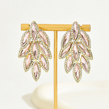 Real 18K Gold Plated Stainless Steel Stud Earrings, Glass Rhinestone Leaf Earrings for Women, Pink, 55x30mm