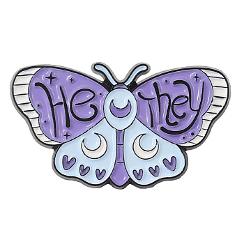 Butterfly with Word He They Enamel Pin, Electrophoresis Black Plated Alloy Badge for Corsages Scarf Clothes, Medium Purple, 15.2x27.9mm