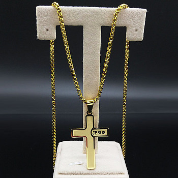 304 Stainless Steel Pendant Necklaces, Cross with Word Jesus, Golden, 23.82 inch(60.5cm)
