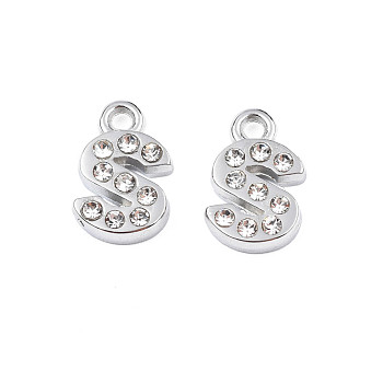 304 Stainless Steel Charms, with Crystal Rhinestone, Letter, Letter.S, 10~10.5x2~8x2mm, Hole: 1.2mm